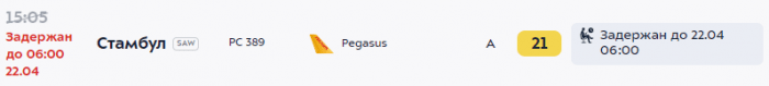 Вылет рейса Pegasus из Москвы в Стамбул задерживается на 15 часов